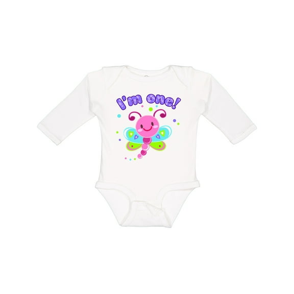 Inktastic I'm One- dragonfly First Birthday Girls Long Sleeve Baby Bodysuit