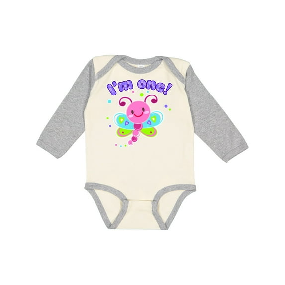 Inktastic I'm One- dragonfly First Birthday Girls Long Sleeve Baby Bodysuit