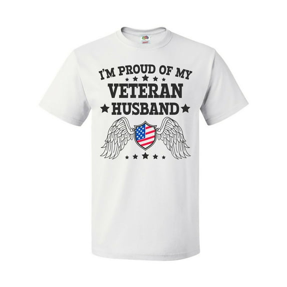 Inktastic I'm Proud of My Veteran Husband with Shield American Flag and Angel Wings T-Shirt