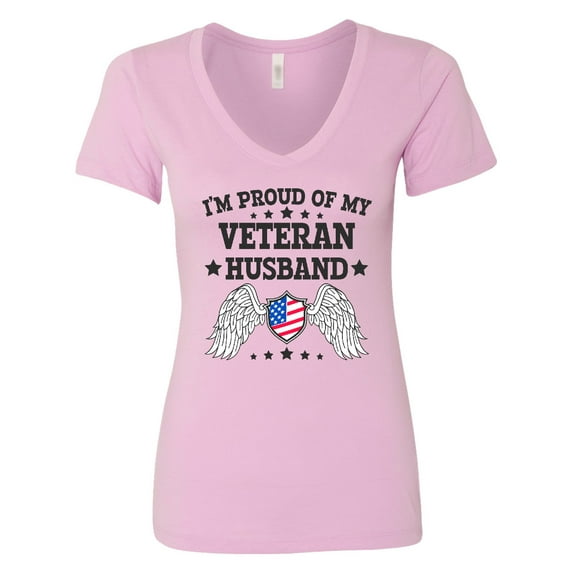 Inktastic I'm Proud of My Veteran Husband with Shield American Flag and Angel Wings Women's V-Neck T-Shirt