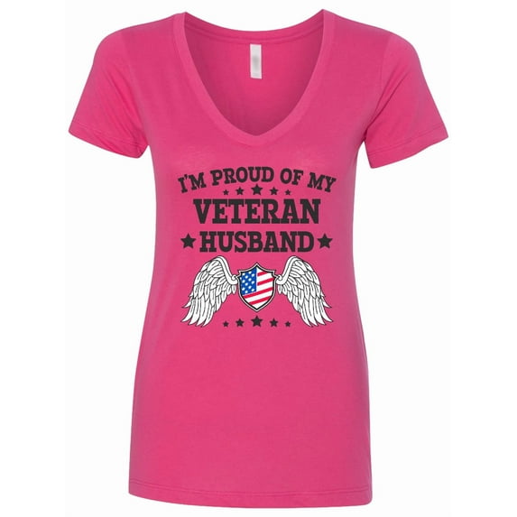 Inktastic I'm Proud of My Veteran Husband with Shield American Flag and Angel Wings Women's V-Neck T-Shirt