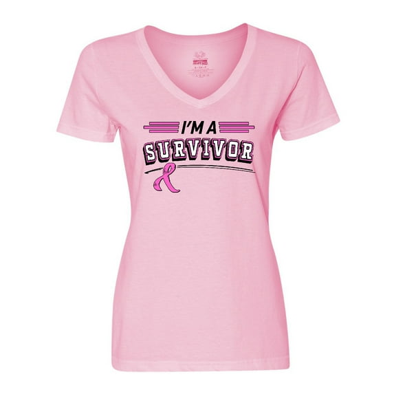 Inktastic I'm a Survivor Breast Cancer Awareness with Ribbon Women's V-Neck T-Shirt