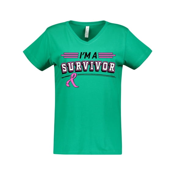 Inktastic I'm a Survivor Breast Cancer Awareness with Ribbon Women's V-Neck T-Shirt