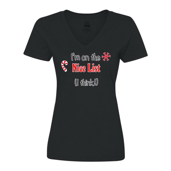 Inktastic I'm on the Nice List (I Think!) with Candy Cane Women's V-Neck T-Shirt
