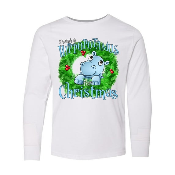 Inktastic I want a Hippopotamus for Christmas Long Sleeve Youth T-Shirt