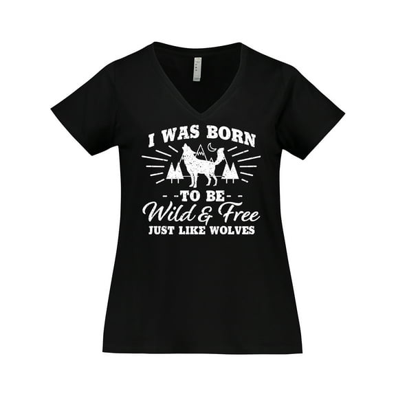 Inktastic I Was Born to Be Wild and Free with Wolf and Mountains Women's Plus Size V-Neck T-Shirt
