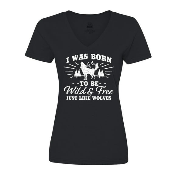 Inktastic I was Born to be Wild and Free with Wolf and Mountains Women's V-Neck T-Shirt