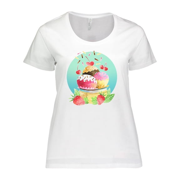 Inktastic Ice Cream Sundae with Sprinkles, Strawberries, and Cherries Women's Plus Size T-Shirt