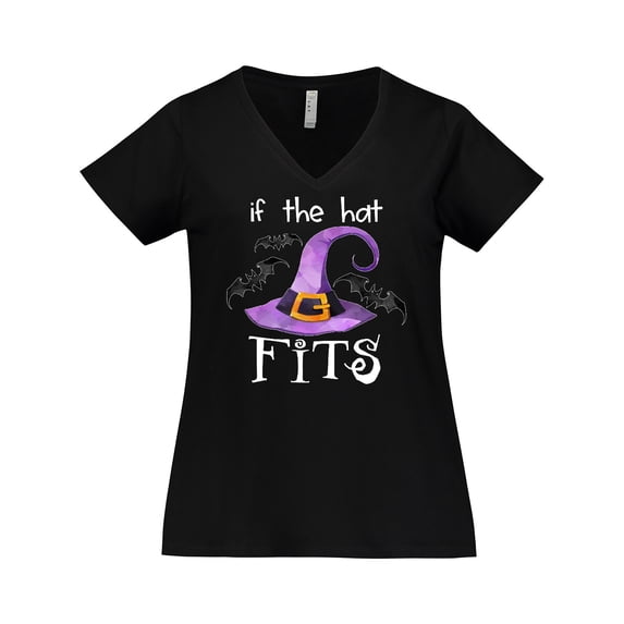 Inktastic If the Hat Fits Halloween Witch Hat and Bats Women's Plus Size V-Neck T-Shirt