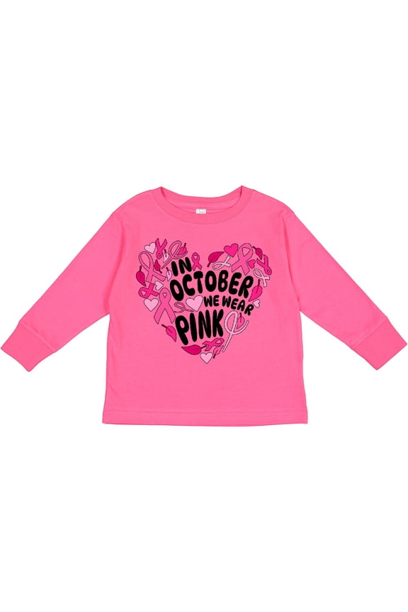 In October We Wear Pink Breast Cancer Awareness Heart Boys or Girls Long Sleeve Toddler T-Shirt
