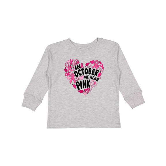 Inktastic In October We Wear Pink Breast Cancer Awareness Heart Boys or Girls Long Sleeve Toddler T-Shirt