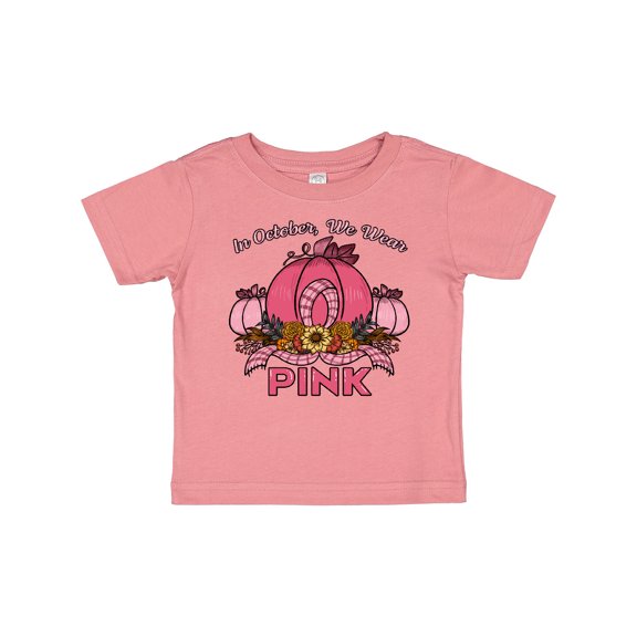 Inktastic In October We Wear Pink with Ribbon and Pink Pumpkins Boys or Girls Baby T-Shirt