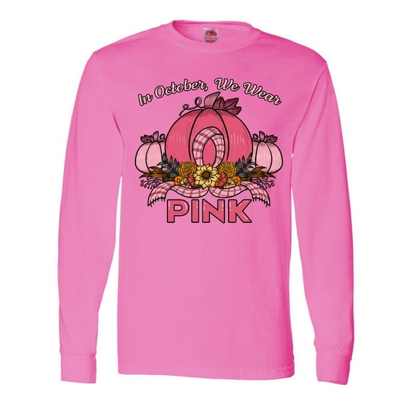 Inktastic In October We Wear Pink with Ribbon and Pink Pumpkins Long Sleeve T-Shirt