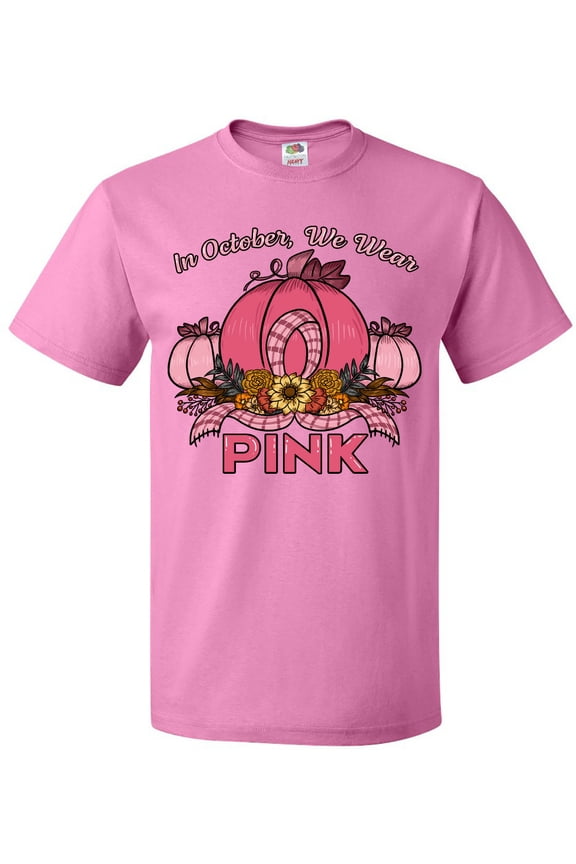 In October We Wear Pink with Ribbon and Pink Pumpkins T-Shirt