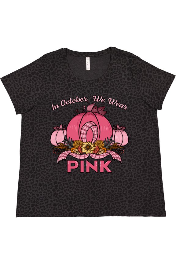 In October We Wear Pink with Ribbon and Pink Pumpkins Women's Plus Size T-Shirt