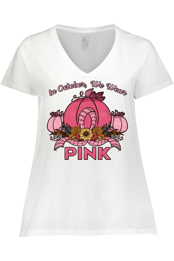 In October We Wear Pink with Ribbon and Pink Pumpkins Women's Plus Size V-Neck T-Shirt
