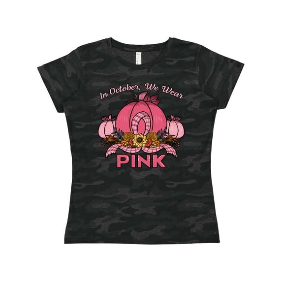 Inktastic In October We Wear Pink with Ribbon and Pink Pumpkins Women's T-Shirt