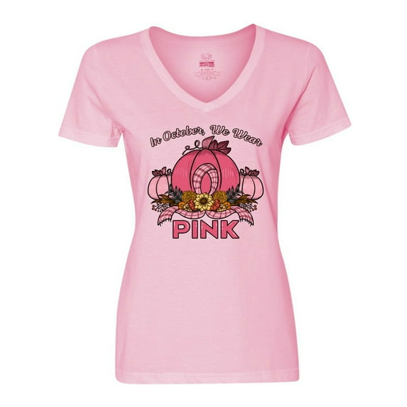 Inktastic In October We Wear Pink with Ribbon and Pink Pumpkins Women's V-Neck T-Shirt