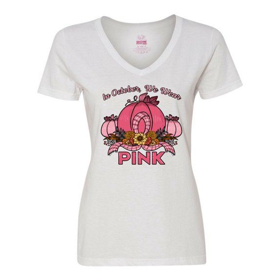 Inktastic In October We Wear Pink with Ribbon and Pink Pumpkins Women's V-Neck T-Shirt