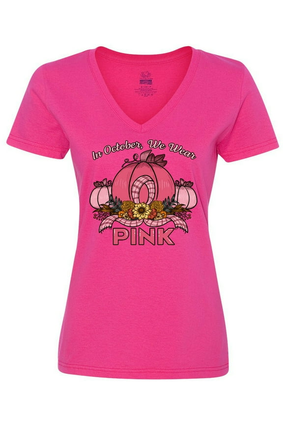 In October We Wear Pink with Ribbon and Pink Pumpkins Women's V-Neck T-Shirt