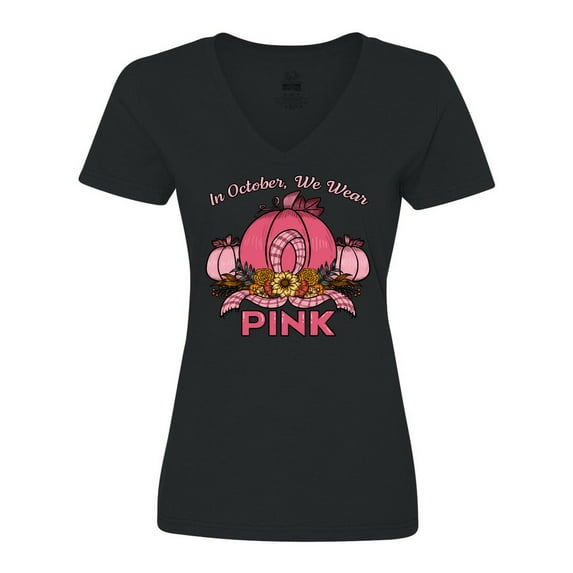 Inktastic In October We Wear Pink with Ribbon and Pink Pumpkins Women's V-Neck T-Shirt