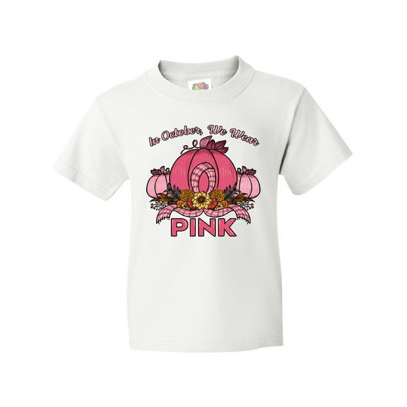 Inktastic In October We Wear Pink with Ribbon and Pink Pumpkins Youth T-Shirt