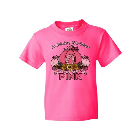Inktastic In October We Wear Pink with Ribbon and Pink Pumpkins Youth T-Shirt