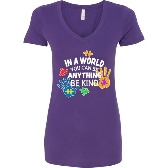 Inktastic In a World You Can Be Anything Be Kind Autism Awareness Women's V-Neck T-Shirt