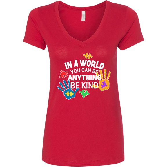 Inktastic In a World You Can Be Anything Be Kind Autism Awareness Women's V-Neck T-Shirt