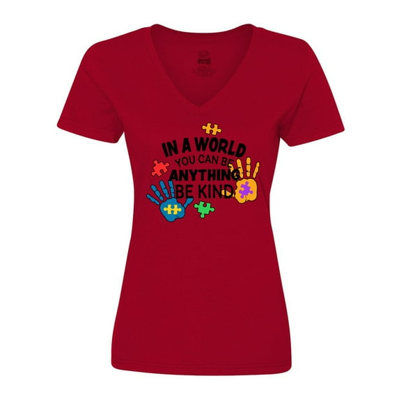 Inktastic In a World You Can Be Anything Be Kind Autism Awareness Women's V-Neck T-Shirt