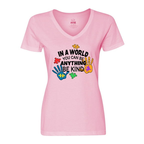 Inktastic In a World You Can Be Anything Be Kind Autism Awareness Women's V-Neck T-Shirt