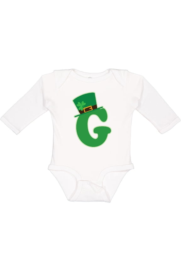 Irish St Patricks Day Letter G Monogram Boys or Girls Long Sleeve Baby Bodysuit