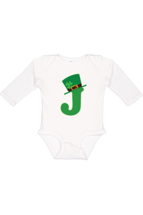 Irish St Patricks Day Letter J Monogram Boys or Girls Long Sleeve Baby Bodysuit