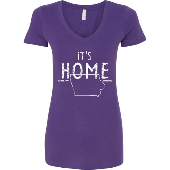 Inktastic It's Home State of Iowa Outline Distressed Text Women's V-Neck T-Shirt