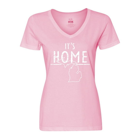 Inktastic It's Home- State of Michigan Outline Distressed Text Women's V-Neck T-Shirt