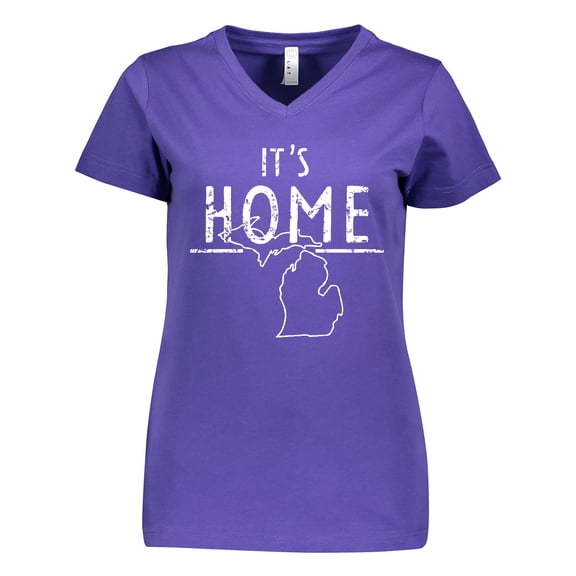 Inktastic It's Home- State  of Michigan Outline Distressed Text Women's V-Neck T-Shirt