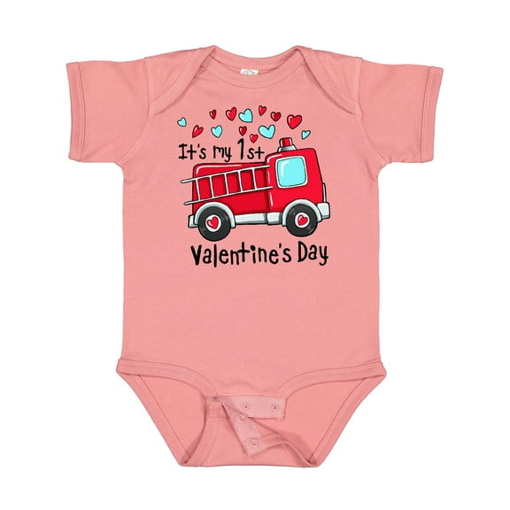 Inktastic It's My 1st Valentine's Day Fire Truck Boys or Girls Baby Bodysuit