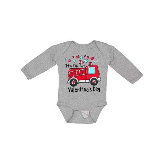 Inktastic It's My 1st Valentine's Day Fire Truck Boys or Girls Long Sleeve Baby Bodysuit