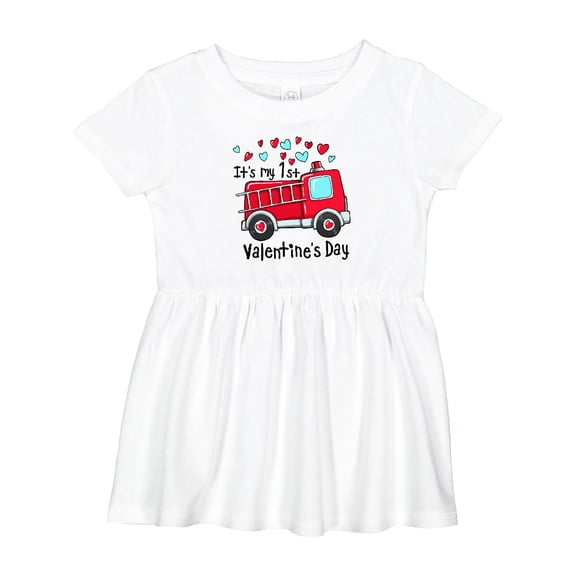 Inktastic It's My 1st Valentine's Day Fire Truck Girls Baby Dress