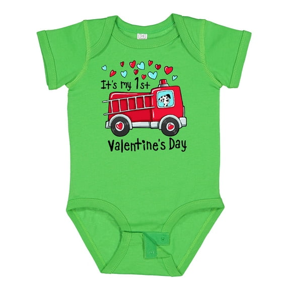Inktastic It's My 1st Valentine's Day Fire Truck with Cute Dalmatian Boys or Girls Baby Bodysuit