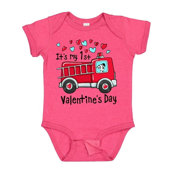 Inktastic It's My 1st Valentine's Day Fire Truck with Cute Dalmatian Boys or Girls Baby Bodysuit