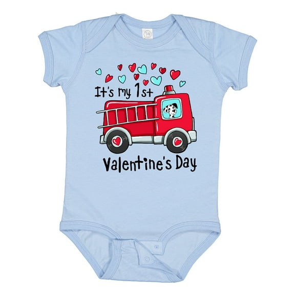Inktastic It's My 1st Valentine's Day Fire Truck with Cute Dalmatian Boys or Girls Baby Bodysuit