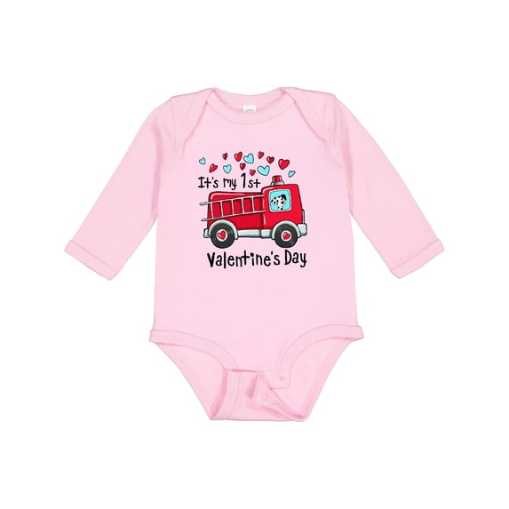 Inktastic It's My 1st Valentine's Day Fire Truck with Cute Dalmatian Boys or Girls Long Sleeve Baby Bodysuit
