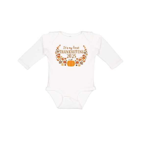 Inktastic It's My First Thanksgiving 2025 Boys or Girls Long Sleeve Baby Bodysuit