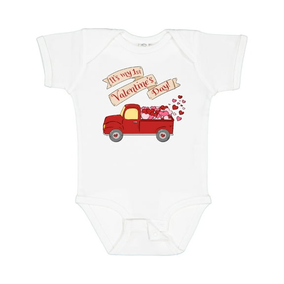 Inktastic It's my 1st Valentine's Day with Red Truck and Hearts Boys or Girls Baby Bodysuit