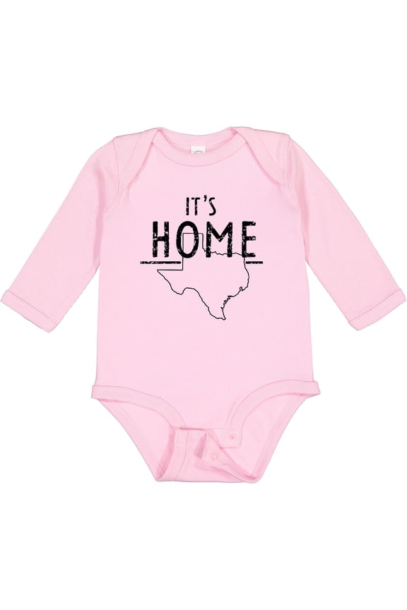 Its Home- State of Texas Outline Distressed Text Boys or Girls Long Sleeve Baby Bodysuit