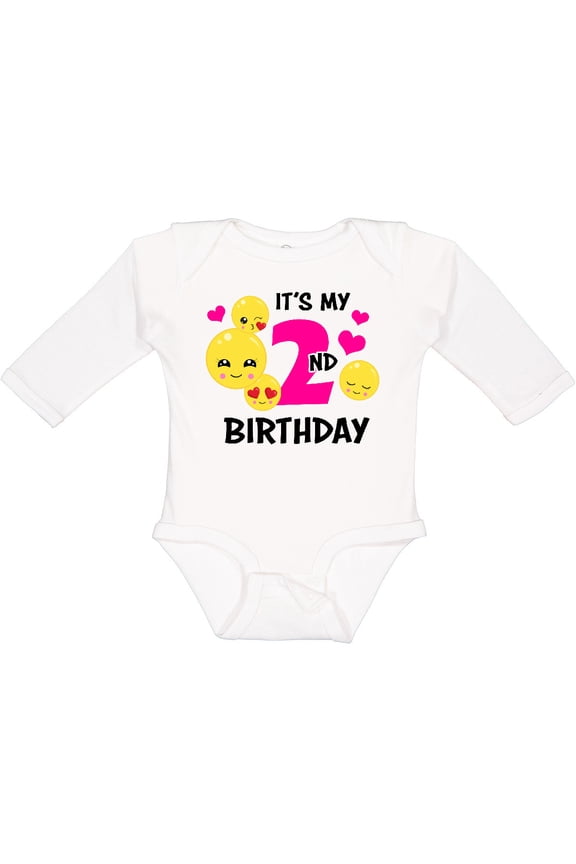 Its My 2nd Birthday with Emojis Girls Long Sleeve Baby Bodysuit