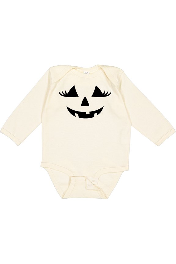 Jack-o-lantern Face with Eyelashes Girls Long Sleeve Baby Bodysuit