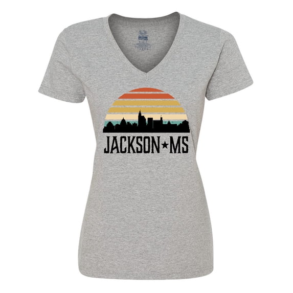 Inktastic Jackson Mississippi Skyline Retro Women's V-Neck T-Shirt