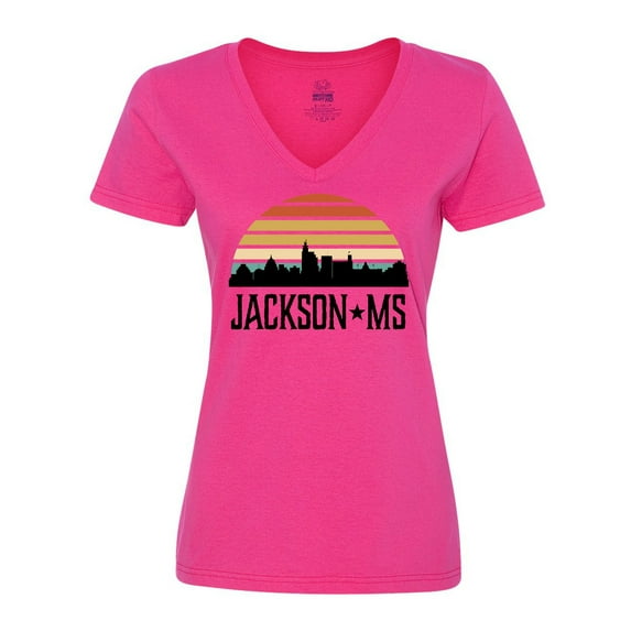 Inktastic Jackson Mississippi Skyline Retro Women's V-Neck T-Shirt